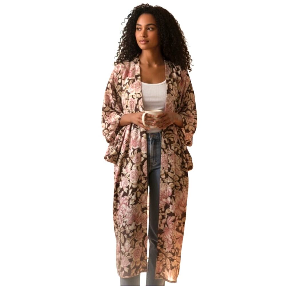 Floral Rose Brown Satiny Vintage Robe Kimono size Small/Medium